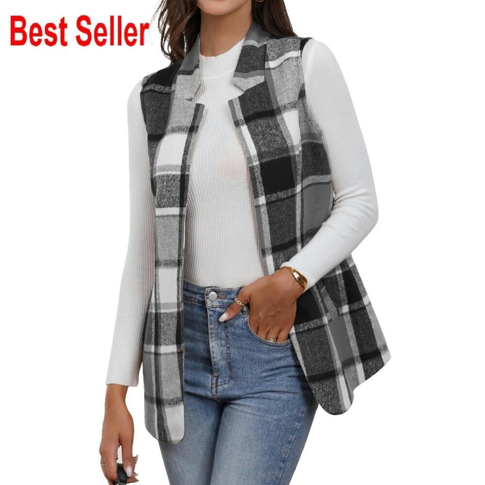 Wool Plaid Vest Sleeveless Blazer Jacket Classic Chic Office Casual Wear